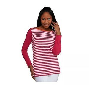 Susan Graver Women‎ 3X Weekend Striped Stretch Top Pink Orange Button Detail NWT